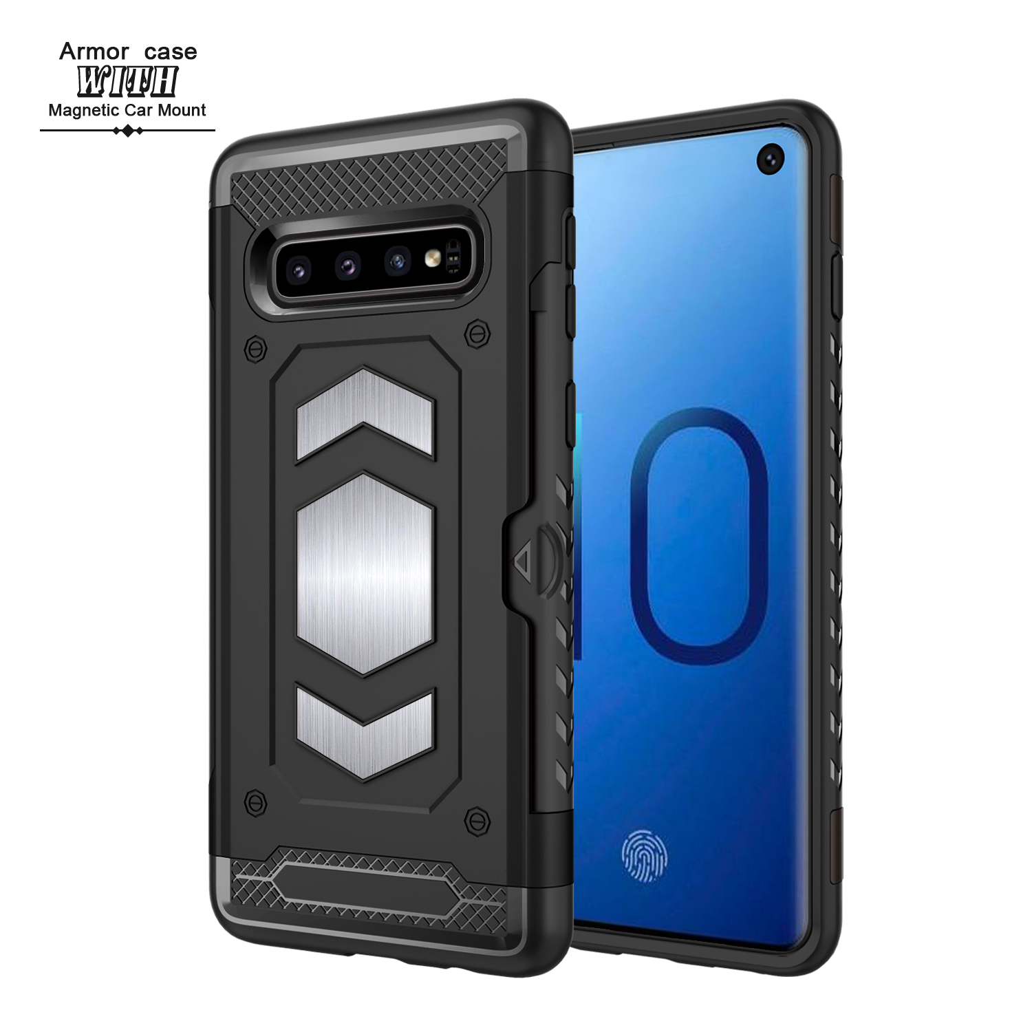 Galaxy S10 Metallic Plate Case Work with Magnetic Holder and Card Slot (Black)